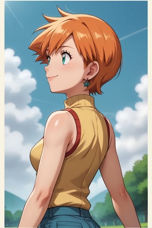 score_9, score_8_up, score_7_up, source anime, anime, animification, anime screencap, anime coloring, vivid colors, shiny skin, skindentation, deep skin, depth of field, high quality, highres, (dynamic angle,dynamic pose)misty \(pokemon\), 1girl, solo, smile, short hair, aqua eyes, orange hair, jewelry, closed mouth, upper body, heart, earrings flower, sky, sleeveless, cloud, medium hair, from side, eyelashes, turtleneck, border, sweater vest, sleeveless turtleneck, top white, masterpiece, high quality