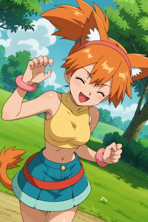 score_9, score_8_up, score_7_up, source anime, anime, animification, anime screencap, anime coloring, vivid colors, shiny skin, skindentation, deep skin, depth of field, high quality, highres, (dynamic angle,dynamic pose), misty \(pokemon\), 1girl, solo, long hair, smile, open mouth, skirt, orange hair, long ponytail, bow, navel, animal ears, jewelry, tail, closed eyes, :d, hairband, outdoors, sky, sleeveless, day, tongue, midriff, cloud, pink bracelet, tree, animal ear fluff, hands up, cosplay, eyelashes, grass, blue skirt, masterpiece,high quality 