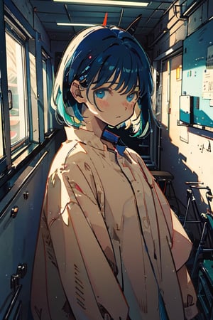  (Masterpiece), Illustration, female_solo, upper_body, looking_at_viewer, best quality, high resolution, highly detailed, chromatic color,watercolor,lineart, detailed background, perfect lighting, 1girl, blue_eyes , classroom, bangs, short hair, two-tone hair, black hair, blue colored inner hair, full body, upper body, forehead, thin, neon_horn