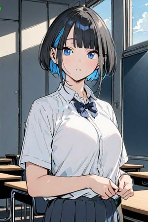 (Masterpiece), best quality, high resolution, highly detailed, detailed background, perfect lighting, 1girl, blue_eyes , classroom, bangs, short hair, two-tone hair, black hair, blue colored inner hair, school_uniform, full body, upper body, forehead, thin, ZKTR, one black horn, sky in window