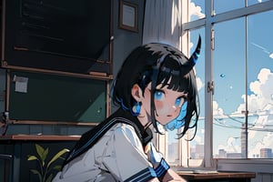 (Masterpiece), best quality, high resolution, highly detailed, detailed background, perfect lighting, 1girl, blue_eyes , classroom, bangs, short hair, two-tone hair, black hair, blue colored inner hair, school_uniform, full body, upper body, forehead, thin, ZKTR, one black horn, sky in window