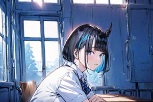 (Masterpiece), best quality, high resolution, highly detailed, detailed background, perfect lighting, 1girl, blue_eyes , classroom, bangs, short hair, two-tone hair, black hair, blue colored inner hair, school_uniform, full body, upper body, forehead, thin, ZKTR, one black horn, sky in window