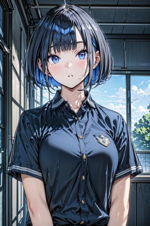 (Masterpiece), best quality, high resolution, highly detailed, detailed background, perfect lighting, 1girl, blue_eyes , classroom, bangs, short hair, two-tone hair, black hair, navy colored inner hair, school_uniform, full body, upper body, forehead, thin, ZKTR, one black horn, sky in window