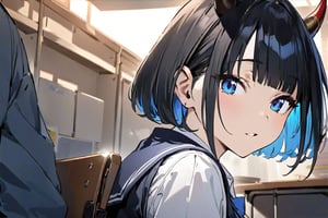 (Masterpiece), best quality, high resolution, highly detailed, detailed background, perfect lighting, 1girl, blue_eyes , classroom, bangs, short hair, two-tone hair, black hair, blue colored inner hair, horn, school_uniform, upper body, thin, ZKTR