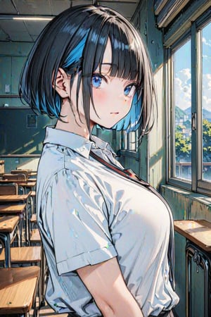 (Masterpiece), best quality, high resolution, highly detailed, detailed background, perfect lighting, 1girl, blue_eyes , classroom, bangs, short hair, two-tone hair, black hair, blue colored inner hair, school_uniform, full body, upper body, forehead, thin, ZKTR, one black horn, sky in window