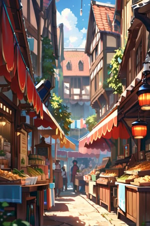 ((((masterpiece, Best Quality, High resolution)))), (((no person)))High detail, manga,anime,Illustrated style,Use of bright colors,Ghibli Studio「Howl&#39;s Moving Castle」The colors are like those used in daytime scenes.,Medieval European fantasy worldview, Christmas Market Square during the day, Festival scene in the square, There is a beautiful fountain in the center、Sparkling water gushes out in the sunlight., Large space, Bustling food stalls,Many food stalls are lined up,There aren&#39;t many people,人の着ている服はGhibli Studioの魔女の宅急便のような雰囲気, RPG-like scenery, Colorful tent stalls.Delicious food is on sale, The sky is bright blue、Fluffy white clouds floating, And the sun is shining brightly, Create a magical and cozy atmosphere.