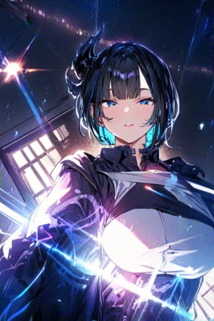 (Masterpiece), best quality, high resolution, highly detailed, detailed background, perfect lighting, 1girl, blue_eyes , classroom, bangs, short hair, two-tone hair, black hair, blue colored inner hair, school_uniform, full body, upper body, forehead, thin, ZKTR, one black horn, sky in window