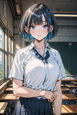 (Masterpiece), best quality, high resolution, highly detailed, detailed background, perfect lighting, 1girl, blue_eyes , classroom, bangs, short hair, two-tone hair, black hair, navy colored inner hair, school_uniform, full body, upper body, forehead, thin, ZKTR, one horn, colormixed blue and black horn, sky in window