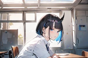 (Masterpiece), best quality, high resolution, highly detailed, detailed background, perfect lighting, 1girl, blue_eyes , classroom, bangs, short hair, two-tone hair, black hair, blue colored inner hair, school_uniform, full body, upper body, forehead, thin, ZKTR, one black horn and cracked blue colored