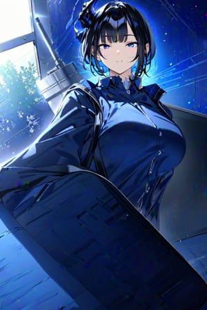 (Masterpiece), best quality, high resolution, highly detailed, detailed background, perfect lighting, 1girl, blue_eyes , classroom, bangs, short hair, two-tone hair, black hair, blue colored inner hair, school_uniform, full body, upper body, forehead, thin, ZKTR, one black horn, sky in window