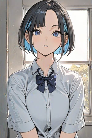 (Masterpiece), best quality, high resolution, highly detailed, detailed background, perfect lighting, 1girl, blue_eyes , classroom, bangs, short hair, two-tone hair, black hair, blue colored inner hair, school_uniform, full body, upper body, forehead, thin, ZKTR, one horn, black and blue mixed horn, sky in window