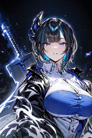 (Masterpiece), best quality, high resolution, highly detailed, simple background, 1girl, blue_eyes , bangs, short hair, two-tone hair, black hair, blue colored inner hair, full body, upper body, forehead, thin, ZKTR, black and blue mixed horn, big sword, white shirts, open_blazer