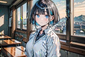 (Masterpiece), best quality, high resolution, highly detailed, detailed background, perfect lighting, 1girl, blue_eyes , classroom, bangs, short hair, two-tone hair, black hair, blue inner hair, school_uniform, full body, upper body, forehead, thin, ZKTR, one black horn, sky in window