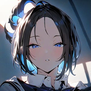 (Masterpiece), best quality, high resolution, highly detailed, detailed background, perfect lighting, 1girl, blue_eyes , classroom, bangs, short hair, two-tone hair, black hair, blue colored inner hair, school_uniform, full body, upper body, forehead, thin, ZKTR, one black horn, sky in window