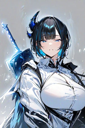 (Masterpiece), best quality, high resolution, highly detailed, simple background, 1girl, blue_eyes , bangs, short hair, two-tone hair, black hair, blue colored inner hair, full body, upper body, forehead, thin, ZKTR, black and blue mixed horn, big sword, white shirts, open_blazer, black_necktie