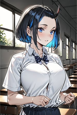 (Masterpiece), best quality, high resolution, highly detailed, detailed background, perfect lighting, 1girl, blue_eyes , classroom, bangs, short hair, two-tone hair, black hair, blue colored inner hair, school_uniform, full body, upper body, forehead, thin, ZKTR, one horn, black and blue mixed horn, sky in window