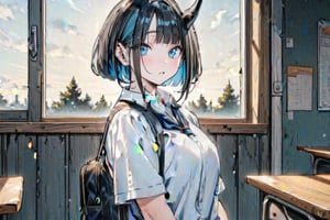 (Masterpiece), best quality, high resolution, highly detailed, detailed background, perfect lighting, 1girl, blue_eyes , classroom, bangs, short hair, two-tone hair, black hair, blue inner hair, school_uniform, full body, upper body, forehead, thin, ZKTR, one black horn, sky in window