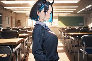 (Masterpiece), best quality, high resolution, highly detailed, detailed background, perfect lighting, 1girl, blue_eyes , classroom, bangs, short hair, two-tone hair, black hair, blue colored inner hair, school_uniform, full body, upper body, forehead, thin, ZKTR, one black horn with cracked blue colored,