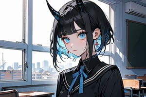 (Masterpiece), best quality, high resolution, highly detailed, detailed background, perfect lighting, 1girl, blue_eyes , classroom, bangs, short hair, two-tone hair, black hair, blue colored inner hair, school_uniform, full body, upper body, forehead, thin, ZKTR, one black horn, sky in window