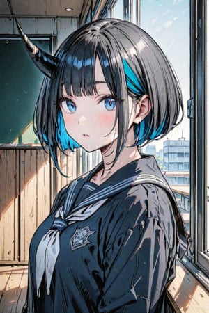 (Masterpiece), best quality, high resolution, highly detailed, detailed background, perfect lighting, 1girl, blue_eyes , classroom, bangs, short hair, two-tone hair, black hair, blue colored inner hair, school_uniform, full body, upper body, forehead, thin, ZKTR, one black horn, sky in window