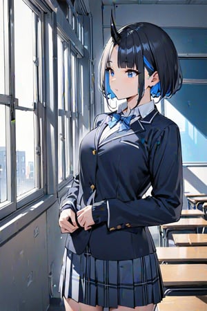 (Masterpiece), best quality, high resolution, highly detailed, detailed background, perfect lighting, 1girl, blue_eyes , classroom, bangs, short hair, two-tone hair, black hair, blue colored inner hair, school_uniform, full body, upper body, forehead, thin, ZKTR, one black horn, sky in window