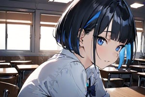 (Masterpiece), best quality, high resolution, highly detailed, detailed background, perfect lighting, 1girl, blue_eyes , classroom, bangs, short hair, two-tone hair, black hair, blue colored inner hair, black and blue mixed horned, school_uniform, upper body, thin, ZKTR