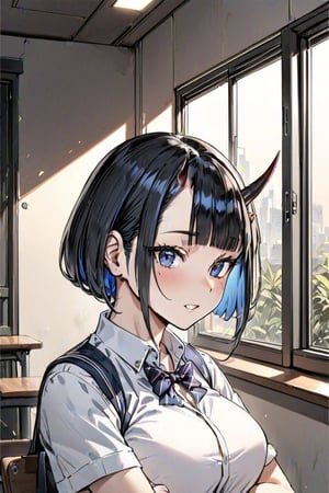 (Masterpiece), best quality, high resolution, highly detailed, detailed background, perfect lighting, 1girl, blue_eyes , classroom, bangs, short hair, two-tone hair, black hair, navy colored inner hair, school_uniform, full body, upper body, forehead, thin, ZKTR, one horn, black and navy mixed horn, sky in window