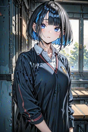 (Masterpiece), best quality, high resolution, highly detailed, detailed background, perfect lighting, 1girl, blue_eyes , classroom, bangs, short hair, two-tone hair, black hair, navy colored inner hair, school_uniform, full body, upper body, forehead, thin, ZKTR, one black horn, sky in window