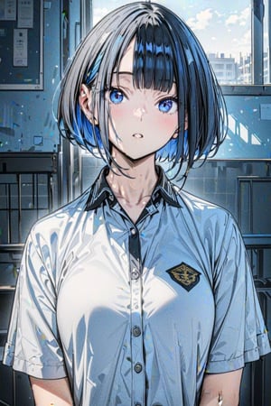 (Masterpiece), best quality, high resolution, highly detailed, detailed background, perfect lighting, 1girl, blue_eyes , classroom, bangs, short hair, two-tone hair, black hair, navy colored inner hair, school_uniform, full body, upper body, forehead, thin, ZKTR, one horn, colormixed blue and black horn, sky in window