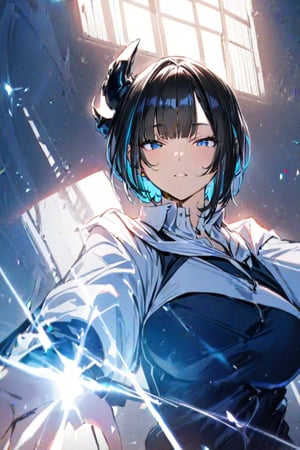 (Masterpiece), best quality, high resolution, highly detailed, detailed background, perfect lighting, 1girl, blue_eyes , classroom, bangs, short hair, two-tone hair, black hair, blue colored inner hair, school_uniform, full body, upper body, forehead, thin, ZKTR, one black horn, sky in window