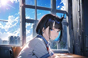 (Masterpiece), best quality, high resolution, highly detailed, detailed background, perfect lighting, 1girl, blue_eyes , classroom, bangs, short hair, two-tone hair, black hair, blue colored inner hair, school_uniform, full body, upper body, forehead, thin, ZKTR, one black horn, sky in window