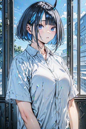 (Masterpiece), best quality, high resolution, highly detailed, detailed background, perfect lighting, 1girl, blue_eyes , classroom, bangs, short hair, two-tone hair, black hair, blue colored inner hair, school_uniform, full body, upper body, forehead, thin, ZKTR, one black horn, sky in window