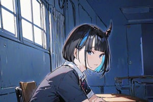 (Masterpiece), best quality, high resolution, highly detailed, detailed background, perfect lighting, 1girl, blue_eyes , classroom, bangs, short hair, two-tone hair, black hair, blue colored inner hair, school_uniform, full body, upper body, forehead, thin, ZKTR, one black horn, sky in window