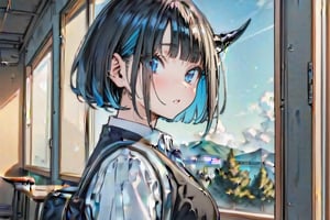 (Masterpiece), best quality, high resolution, highly detailed, detailed background, perfect lighting, 1girl, blue_eyes , classroom, bangs, short hair, two-tone hair, black hair, blue inner hair, school_uniform, full body, upper body, forehead, thin, ZKTR, one black horn, sky in window