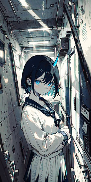 (Masterpiece), best quality, high resolution, highly detailed, perfect lighting,1girl, blue_eyes, bangs, short hair, black hair, navy colored inner hair, white school_uniform, full body, upper body, forehead, thin, one horn, black and navy mixed horn,