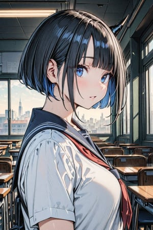 (Masterpiece), best quality, high resolution, highly detailed, detailed background, perfect lighting, 1girl, blue_eyes , classroom, bangs, short hair, two-tone hair, black hair, navy colored inner hair, school_uniform, full body, upper body, forehead, thin, ZKTR, one black horn, sky in window