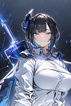 (Masterpiece), best quality, high resolution, highly detailed, simple background, 1girl, blue_eyes , bangs, short hair, two-tone hair, black hair, blue colored inner hair, full body, upper body, forehead, thin, ZKTR, black and blue mixed horn, big sword, white shirts, open_blazer