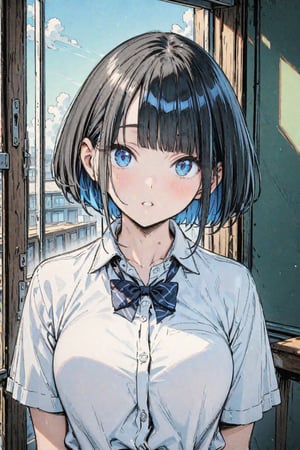 (Masterpiece), best quality, high resolution, highly detailed, detailed background, perfect lighting, 1girl, blue_eyes , classroom, bangs, short hair, two-tone hair, black hair, blue colored inner hair, school_uniform, full body, upper body, forehead, thin, ZKTR, one black horn, sky in window