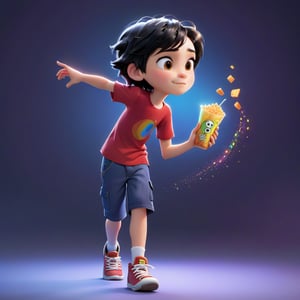 A high-resolution, detailed portrait of a little boy with black hair wearing a red shirt, walking and eating a snack. The image features shiny skin, multicolor elements, and a transparent background. Rendered in a Disney Pixar style, the composition captures the boy in mid-stride, with dynamic lighting enhancing the vibrant colors and expressive details.