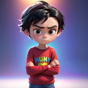 A high-resolution, detailed portrait of a grumpy little boy with black hair, wearing a red shirt, standing with a grumpy expression. The scene is rendered in a Disney Pixar style, featuring shiny skin and a multicolor palette. The lighting is bright and vibrant, capturing the character's mood. The composition is centered, focusing on the boy's expressive face and detailed clothing. The transparent background allows the character to stand out clearly.