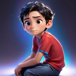 A high-resolution, detailed portrait of a little boy with black hair wearing a red shirt, sitting down with a listening expression. The image features shiny skin, multicolor elements, and a transparent background. Rendered in a Disney Pixar style, the composition captures the boy's attentive pose, with dynamic lighting enhancing the vibrant colors and expressive details.