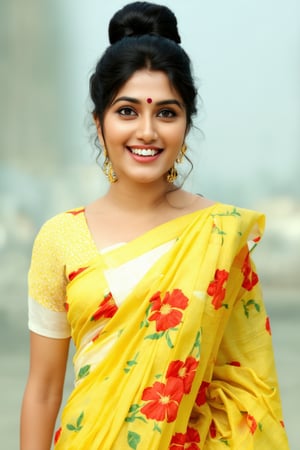 (best quality, 4k, 8k, highres, masterpiece), ultra-detailed, a woman wearing a light yellow printed saree light red flower printed with her hair in a messy bun and a smile on her face, woman, looking at viewer, smile, open mouth, simple background, shirt, black hair, white background, brown eyes, white shirt, teeth, portrait, realistic, photorealistic , nosepin , nature blur background,