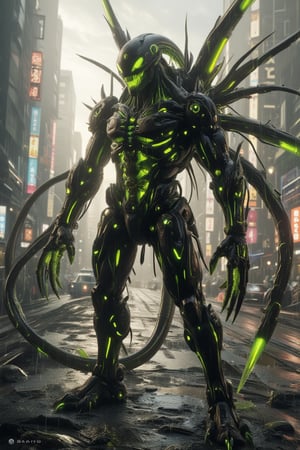 A character an apex space xenomorph humanoid, wide_body , in the style of sci-fi grandeur, by JengLord, realism accuracy, pigeoncore, kimoicore, glowing green inside body , polycarbonate texture, iconic photography, ceramic effect, the character is standing on dusty roads  , ricoh r10 --ar 2:3 --c 02 --niji 6 --style raw--