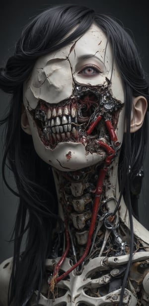 precision on detail of A Japanese female zombie with an extremely detailed and complex cyberpunk mechanical jaw, ripped off and peeled off, The skin of her head has been torn off to reveal robotic machinery inside , iconic photography, hyper-realism, ricoh r1 --ar 51:64 --style raw --niji 6-- ,Lux render optimizing,Skeleton,SKELETON,JengLord,Realistic,Sci-fi,Neutral reality,Reality,Realistic,Photography,Face,JengLord,Nature,Photorealistic,Photoshoot,Portrait 