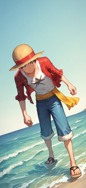 score_9_up, score_8_up, score_7_up, score_6_up, High quality, 1 boy, luffy, straw hat, white tank top T-shirt, open clothes, short hair, sandals, sea background, full body, (masterpiece, best quality), young man, View from the front, dynamic angle, standing, perfect hand with proper finger, BetterHands.