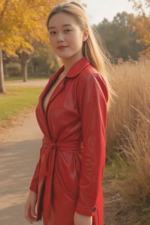 a fully visible beautiful scandinavian model, she is wearing a short glossy metallic red pvc trench coat, very long straight blonde hair, with luscious curly blonde hair stands in a sun-dappled clearing. With an inviting smile, she gazes directly at you, her lips slightly parted in anticipation. As a gentle breeze tousles her ponytail, she exudes an effortless allure, the vibrant colors of nature serving as the perfect backdrop to her radiance.ty. 
