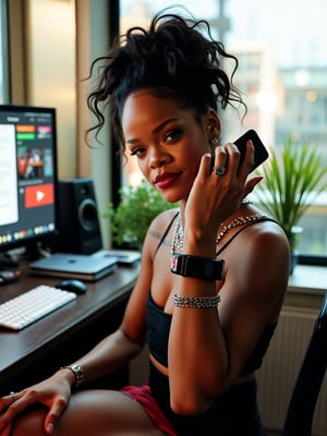 Rihanna, surrounded by tech gadgets in a modern apartment. She holds a smartphone, smart watch on her wrist, interacting with her online followers while seated in front of a high-tech desk setup. , full body, natural outdoor background viewed through the window, natural lighting, eye level, Canon EOS 5D, film grain, in the style of David LaChapelle