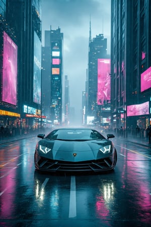 A sleek Lamborghini Aventador on neon-lit streets of a cyberpunk city, futuristic skyscrapers towering in the background, rain-soaked pavement reflecting vibrant colors, the car's headlights cutting through the fog, a digital billboard glowing in the distance, the driver's hand resting on the open window, dynamic angle capturing the speed and power, high contrast lighting emphasizing the metallic sheen of the car, detailed interior visible through the open door, urban decay and advanced technology blending seamlessly.