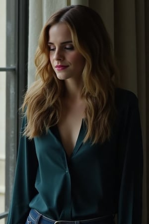 Emma Watson, long wavy tousled brunette hair with blonde highlights, gorgeous full lips, alluring smile, eyes closed, dark teal blouse, jeans, unbuttoned open blouse, standing in front of a window in her home, sheer curtains, dark, minimal lighting









