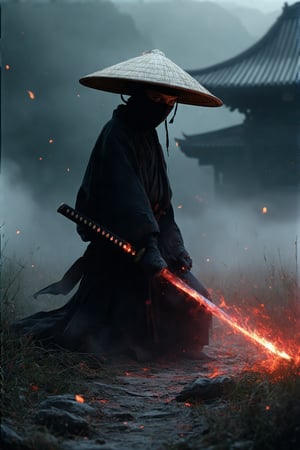 A captivating and enigmatic digital illustration features a shadowy figure, seemingly a warrior or samurai, kneeling amidst a dimly lit, foggy field. The character dons a wide-brimmed straw hat and a mysterious mask, concealing their identity. Their hand grips a magnificent sword with intricate engravings that emit a mesmerizing, fiery red aura. The background reveals a traditional, architectural structure—possibly a temple or shrine—bathed in the soft glow of floating embers or fireflies. The composition by Hans Darias exudes an eerie atmosphere, skillfully blending warm and cool tones to evoke a palpable sense of tension and expectation.